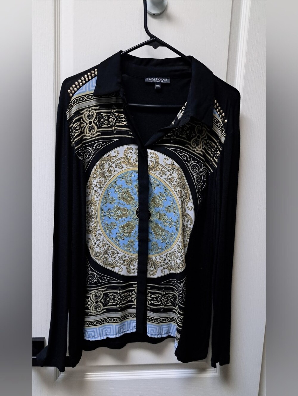 Linea Domani Black Button-Down Top with Blue Medallion Print